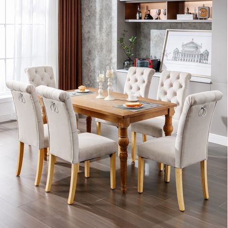 Chaises de salle à manger lot de 6 en velours avec pieds en chêne, dossier capitonné, beige HAVRYA (1/5)