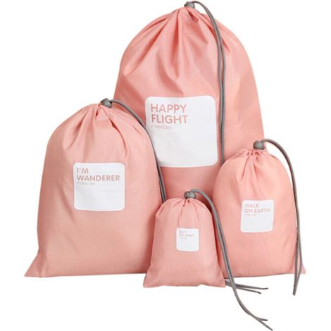 Lot de 4 sacs de rangement de voyage en nylon imperméable avec cordon de serrage, pour hommes et femmes, pliables, pour vêtements, chaussures et bagages (rose) (1/5)