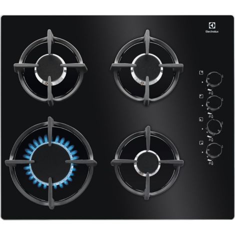 Electrolux – Plaque de cuisson à gaz 59 cm – 4 foyers dont un brûleur wok 3000 W – Verre noir moderne – Allumage électronique facile à nettoyer