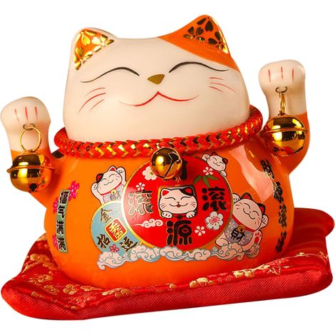 Tirelire Chat Porte-Bonheur 11,5 cm, adorable et raffinée, en céramique, motif chat porte-bonheur, décoration de bureau orange (1/5)