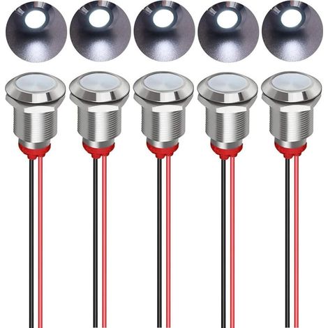 5pcs 12mm AC/DC 12-24V LED Metal Indicator Light Waterproof Signal Lamp Pilot Dashboard Directional with Wire (White) (1/5)