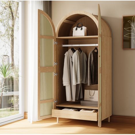 Armoire avec portes cintrées, 80 x 50 x 179 cm, avec tringle et tiroirs, naturel HAVRYA (1/5)