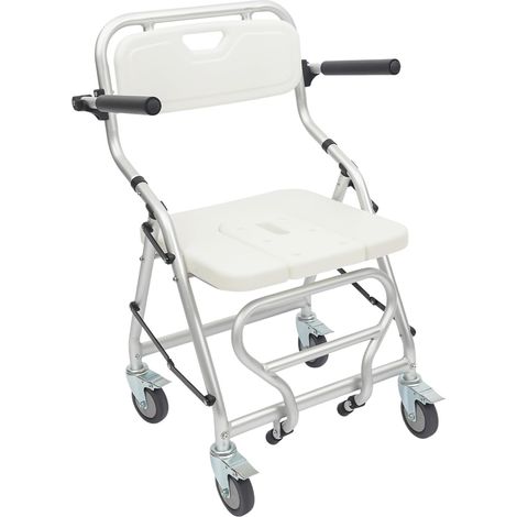 Chaise de douche pliante à roulettes, tabouret de douche pour seniors avec roulettes, imperméable et antidérapante, chaise de douche blanche pour seniors, montage sans outil, capacité de charge 150 kg