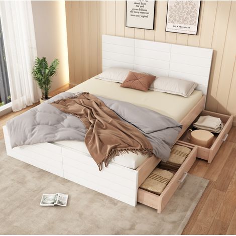 Doppelbett 180/200 cm Weiß/Eiche aus Massivholz und MDF mit 2 Schubladen (1/5)