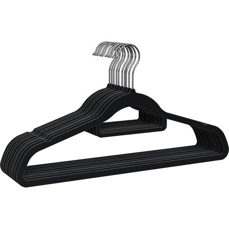 – Perchas de terciopelo negro, gancho de 360°, muescas para vestidos, antideslizantes, aptas para todo tipo de prendas, fabricadas en España.