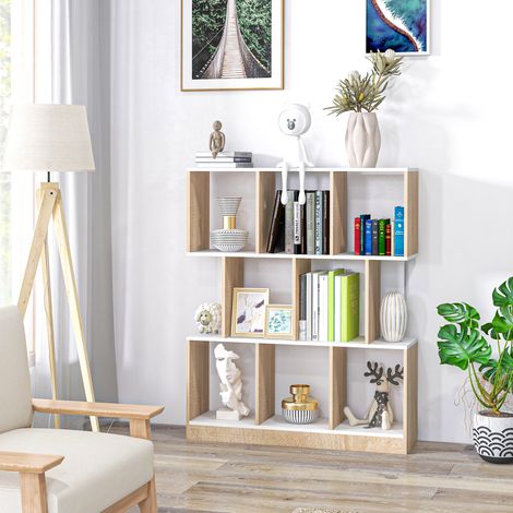 Bibliothèque 8 avec étagères pour le salon et la chambre - bibliothèque moderne en carton grisé de 100x27x124 cm - couleur blanc et chêne (1/4)