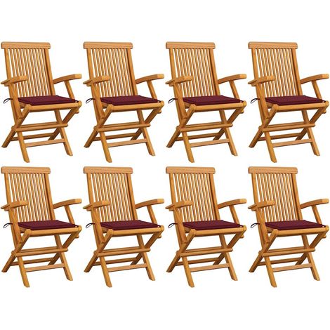 Chaises de jardin avec coussins bordeaux lot de 8 Teck massif (1/5)