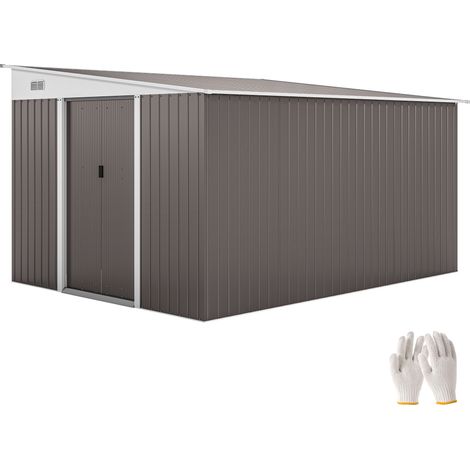 Cobertizo adosado, metal galvanizado gris – 3,44 x 2,80 m – Puerta corredera doble – 2 aberturas de ventilación