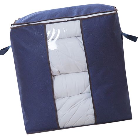Sac de rangement pour couette avec fermeture éclair, en tissu non tissé épais, pour le rangement des vêtements et autres articles ménagers, format vertical, bleu marine. (1/5)