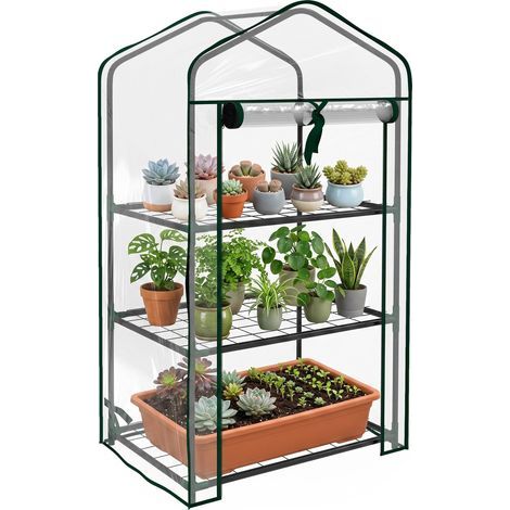 Serra da giardino con scaffale a 3 livelli, dim. 59L x 39P x 127A cm, metallo verniciato a polvere, verde trasparente (1/5)