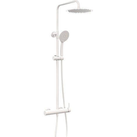 GME – Colonne de douche télescopique blanche – Pommeau extra plat 25 cm en inox – Support réglable 90 à 140 cm – Flexo double couture