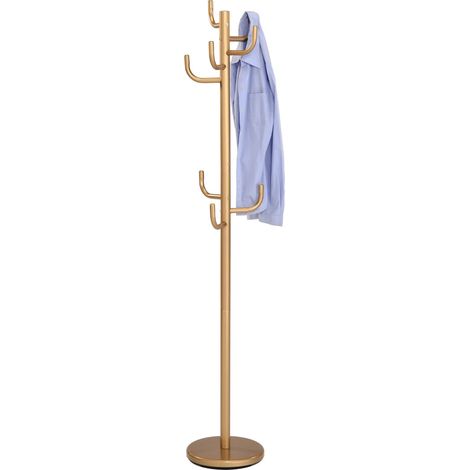Idimex – Portemanteau sur pied en métal laqué or – 8 crochets – Socle rond 30 cm – Dimensions 174 x 30 x 30 cm (H x L x P)