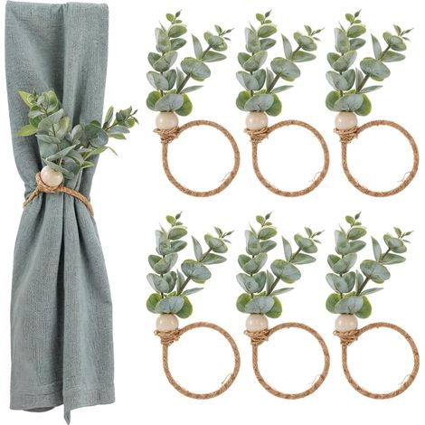 Lot de 6 ronds de serviette rustiques en bois d'eucalyptus avec feuilles vertes et feuilles d'eucalyptus pour l'automne, le printemps, Thanksgiving, Noël, Pâques, les mariages, la décoration de (1/5)