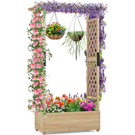 COSTWAY Raised Garden Bed Fir Wood Planter Box with Hanging Roof-Natural (1/5)