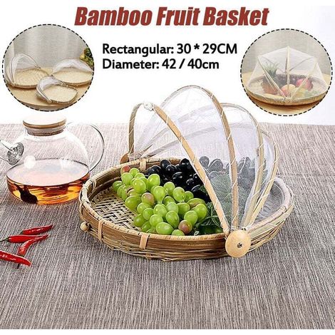 1 panier de fruits en bambou, couvercle anti-moustique, maille respirante, pour pique-nique et cuisine extérieure (1/2)