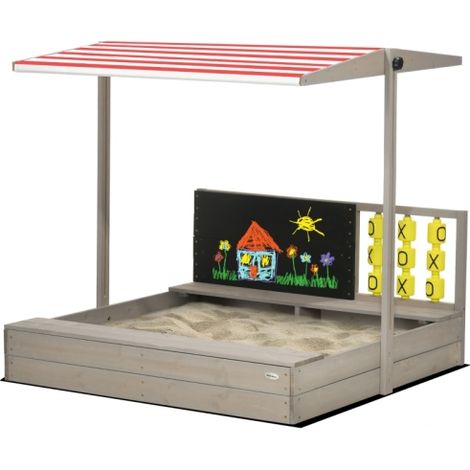 Kids Wooden Sandpit with Canopy and Seats, Perfect for Gardens - Grey Sandbox for Outdoor Fun