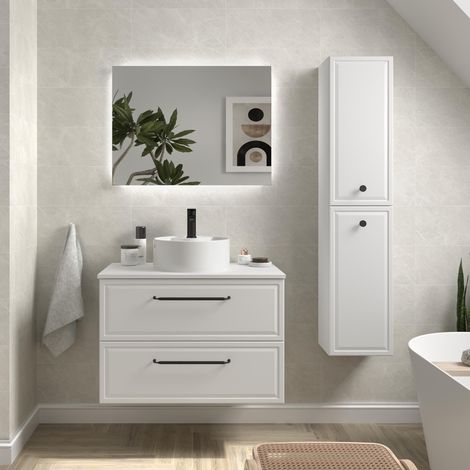 Mueble de Baño RUNA 80cm Blanco Mate 2 cajones Lavabo sobre encimera 1 poza Porcelana (1/5)
