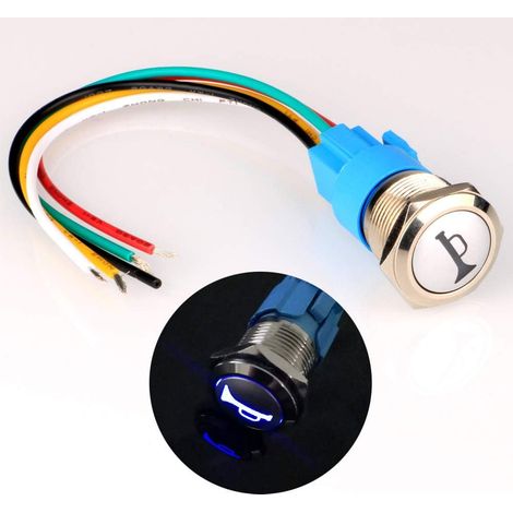 12 V-24 V/5 A, 19 mm, vorverdrahteter Hupen-Druckknopfschalter, wasserdichter Metallknopf mit blauer LED