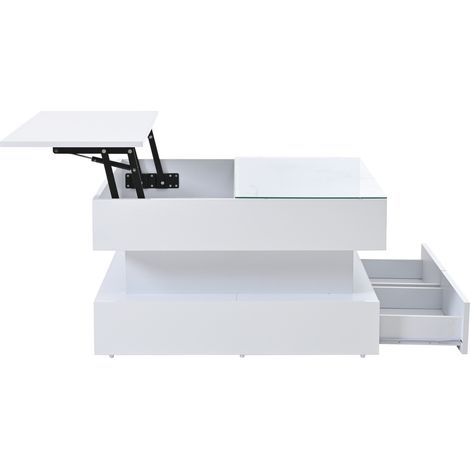 Table basse carrée blanche 80 x 80 x 45 cm avec rangement, 2 tiroirs, surface relevable hydraulique et LED contrôlables par application (1/5)
