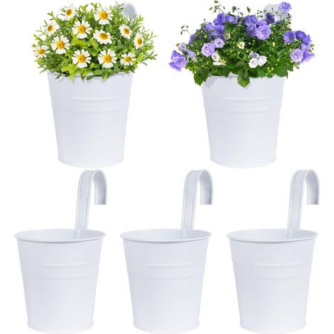 Lot de 5 Pots de Fleurs à Suspendre 10cm en métal Blanc avec Crochet Amovible Panier à Planter Jardin Balcon Terrasse Clôture (5PCS,Blanc, 10cm)