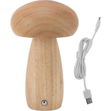 Ortviai Lampe champignon en bois – lampe de chevet rechargeable USB avec variation tactile de luminosité, couleur bois naturel