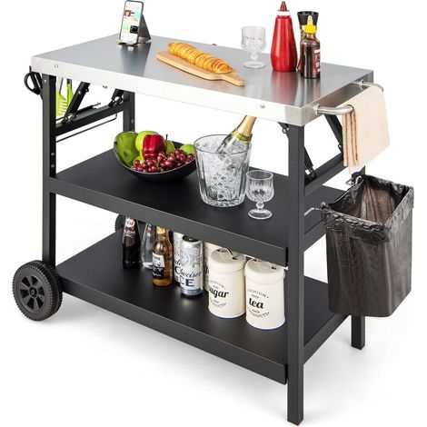 Folding BBQ Serving Trolley 3 Tier Movable Pizza Oven Table W/ Adjustable Shelf (1/5)