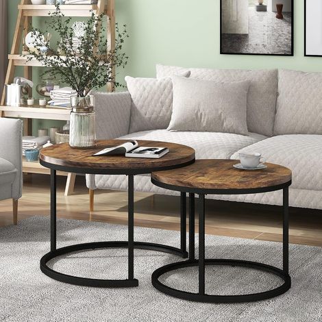 Set of 2 round coffee tables - For living room - Round - With 2 side tables - Brown (1/5)