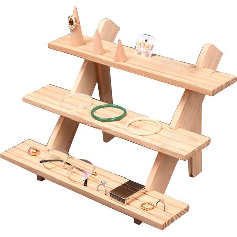 Étagère à bijoux en bois à 3 niveaux, présentoir polyvalent pour maquillage et figurines, idéal pour boutique et vitrine. (1/5)