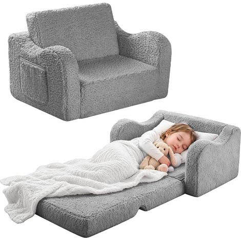 3-en-1 Fauteuil Enfant Canapé-lit, Chauffeuse et Lit Pliable pour Enfant et Bébés, Mini Sofa Chaise pour Chambre Fille ou garçon, Gris