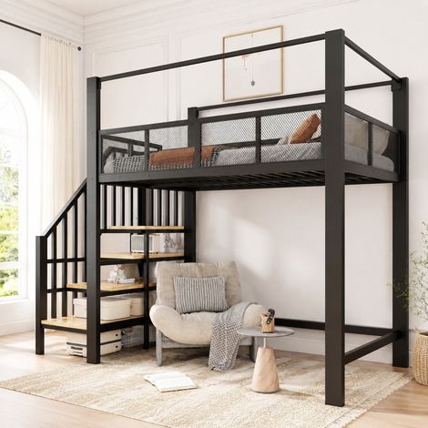 Etagenbett 90/200 cm aus Metall in Schwarz mit Stauraumtreppe und Baldachin (1/5)