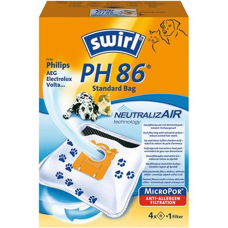 Swirl PH 86 EcoPor - Sacchetti per aspirapolvere anti-odore (4 sacchetti), resistenti agli strappi per alcuni aspirapolvere AEG, Dirt Devil, Electrolux e Philips, con filtro antiodore, filtro al 99,9%
