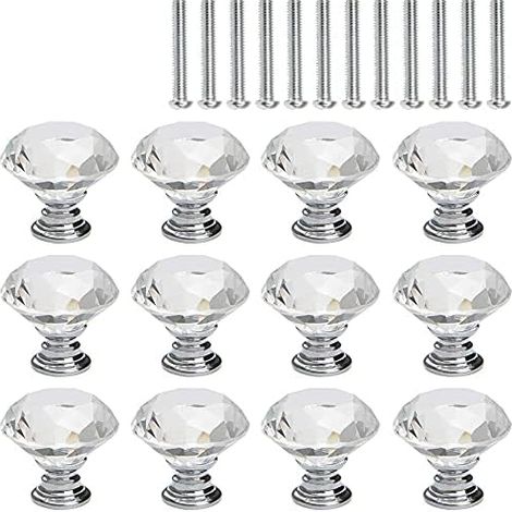 12 Pcs Bouton de Meuble Cristal, Poignée Bouton de Porte Placard Meuble Tiroir, Diamant de Verre Cristal Transparent, Base en Argent (1/5)