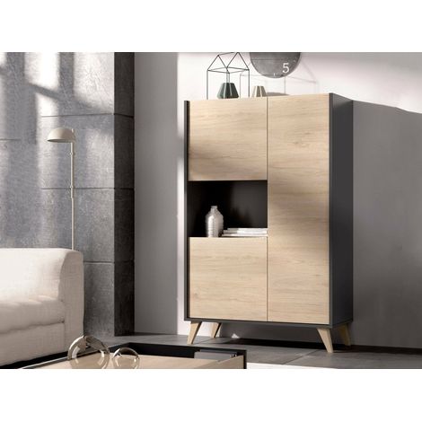 Dmora - Credenza Crono, Buffet alto da soggiorno, Madia moderna da salotto a 3 ante, 81x43h135 cm, Rovere e Antracite (1/5)