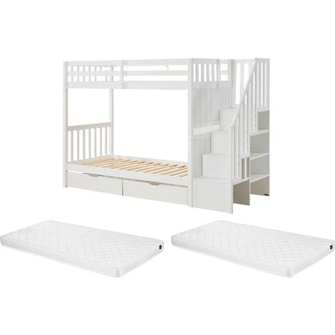 Lits superposés 90 x 190 cm avec tiroirs - Pin et MDF - Blanc + Matelas - ZILENI (1/5)