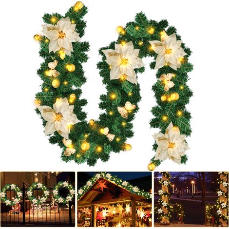 SWANEW Ghirlanda di Natale Ghirlanda di abete Decorazione natalizia per interni ed esterni Ghirlanda artistica 2,7 m 50 LED con Gold decorativo (1/5)