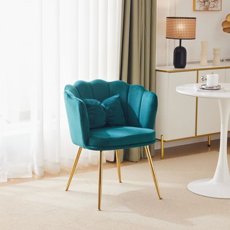 Fauteuil velours dossier pétale rembourré confortable pieds métal doré pour déco chambre et salle à manger-Go. (1/5)
