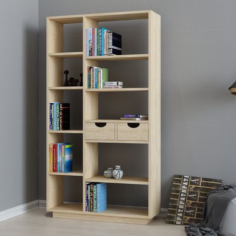 Librería Imer, Biblioteca 8 Estantes, 2 Cajones, Instalación Libre, 80x25x189h cm Roble Marrón (1/5)
