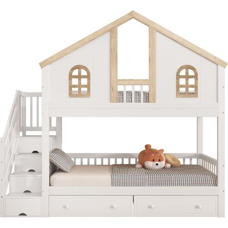 Lit superposé enfant 90x200 cm avec escalier de rangement (4 cases) - 2 tiroirs - Fenêtre et barrière de sécurité contrastée - Pin et MDF - Blanc (1/5)