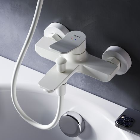 Am.Pm – Mitigeur de baignoire blanc – Robinet mélangeur en laiton – Hauteur bec 16,4 cm – Aérateur Neoperl pour économie d'eau
