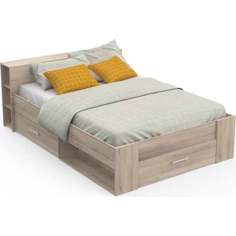 Lit adulte 140x200 cm avec rangement 3 tiroirs couleur chêne - Largeur 150,1 x Profondeur 226,9 x Hauteur 74,3 cm (1/4)