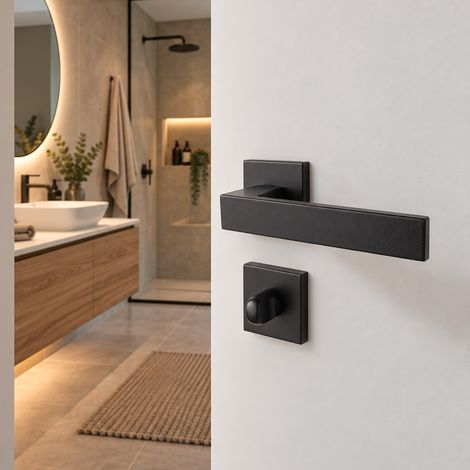 Ouvre&Déco – 2 poignées de porte LOFT verrou condamnation porte salle bain WC, Rosace carrée,Variostar, Métal noir mat, Contemporain Scandinave (1/5)