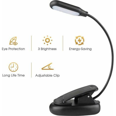 Lampe de lecture rechargeable, lampe de lecture à clip LED pour livres de chevet, 3 couls, 3 niveaux de luminosité, jusqu'à 60 hes de lecture agréable pour les yeux, blanc chaud, parfait pour le (1/5)