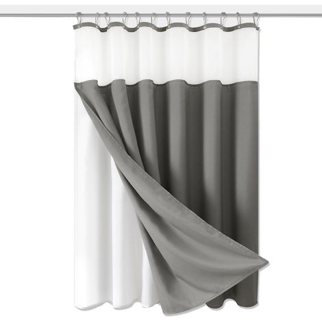 1 rideau de douche texturé lin, sans crochets, avec doublure à clipser, gris, pour salle de bain (1/5)