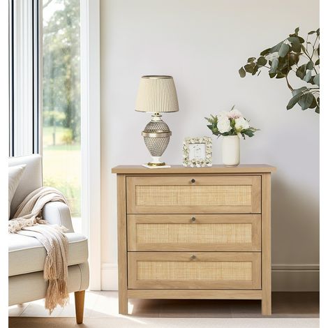 Hallowood Furniture Newquay Chest of Drawers, 3 Wooden Drawers with Rattan Front Light Oak Furniture for Bedroom, Living Room & Hallway, Multifunctional Oak Dresser Storage Unit