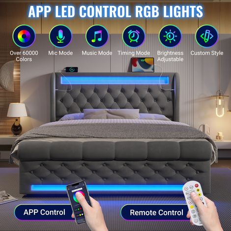 Lit rembourré moderne double 140x200 cm, lit rembourré avec éclairage LED, tête de lit de rangement avec ports USB et Type-C, lit de rangement hydraulique, gris, velours (avec matelas) (1/5)