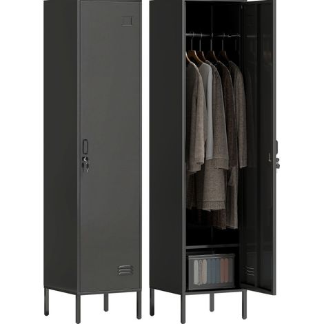 Armario metálico con puerta con cerradura y barra para colgar, acero negro 40 x 40 x 179 cm (1/4)