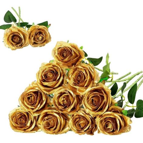 Lot de 12 Roses artificielles en Soie (doré) pour décoration d'intérieur, de fête de Mariage (1/4)