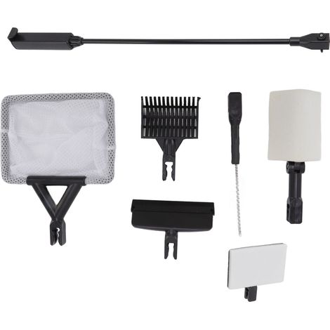 Kit de nettoyage d'aquarium 6 en 1 comprenant : grattoir à algues, pelle plate, brosse, épuisette et éponge de nettoyage plate à angle droit (1/5)