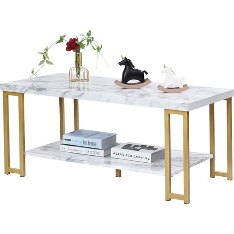 GOPLUS Table Basse à 2 Niveaux avec Pieds en Fer, Table Basse Moderne avec Motifs en Marbre et Coussinets Antidérapants, Table de Rangement Solide, pour Salon, Bureau, 100X50X45CM (1/5)