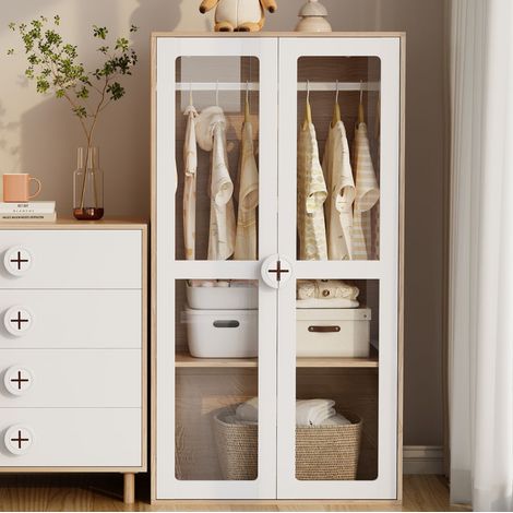 Kinderkleiderschrank 80x50x150 cm Natur/Weiß aus MDF mit Acryltüren, verstellbaren Regalen und Kleiderstange (1/5)